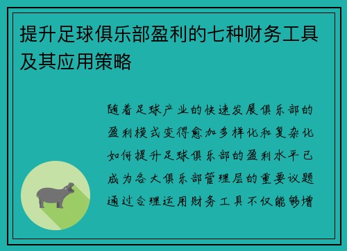 提升足球俱乐部盈利的七种财务工具及其应用策略 提升足球俱乐部盈利的七种财务工具及其应用策略
