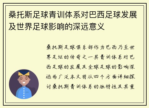 桑托斯足球青训体系对巴西足球发展及世界足球影响的深远意义