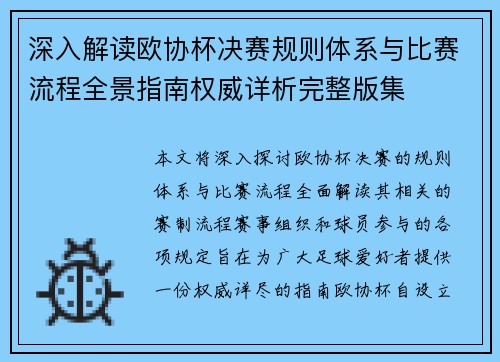 深入解读欧协杯决赛规则体系与比赛流程全景指南权威详析完整版集