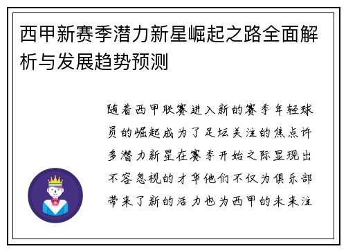 西甲新赛季潜力新星崛起之路全面解析与发展趋势预测