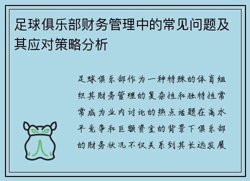 足球俱乐部财务管理中的常见问题及其应对策略分析 足球俱乐部财务管理中的常见问题及其应对策略分析